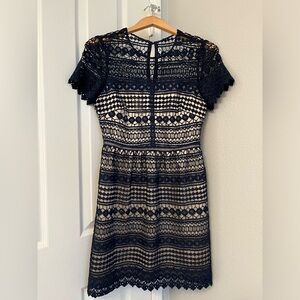 Vince Camuto size 4 dress, navy color crochet overlay nude lining